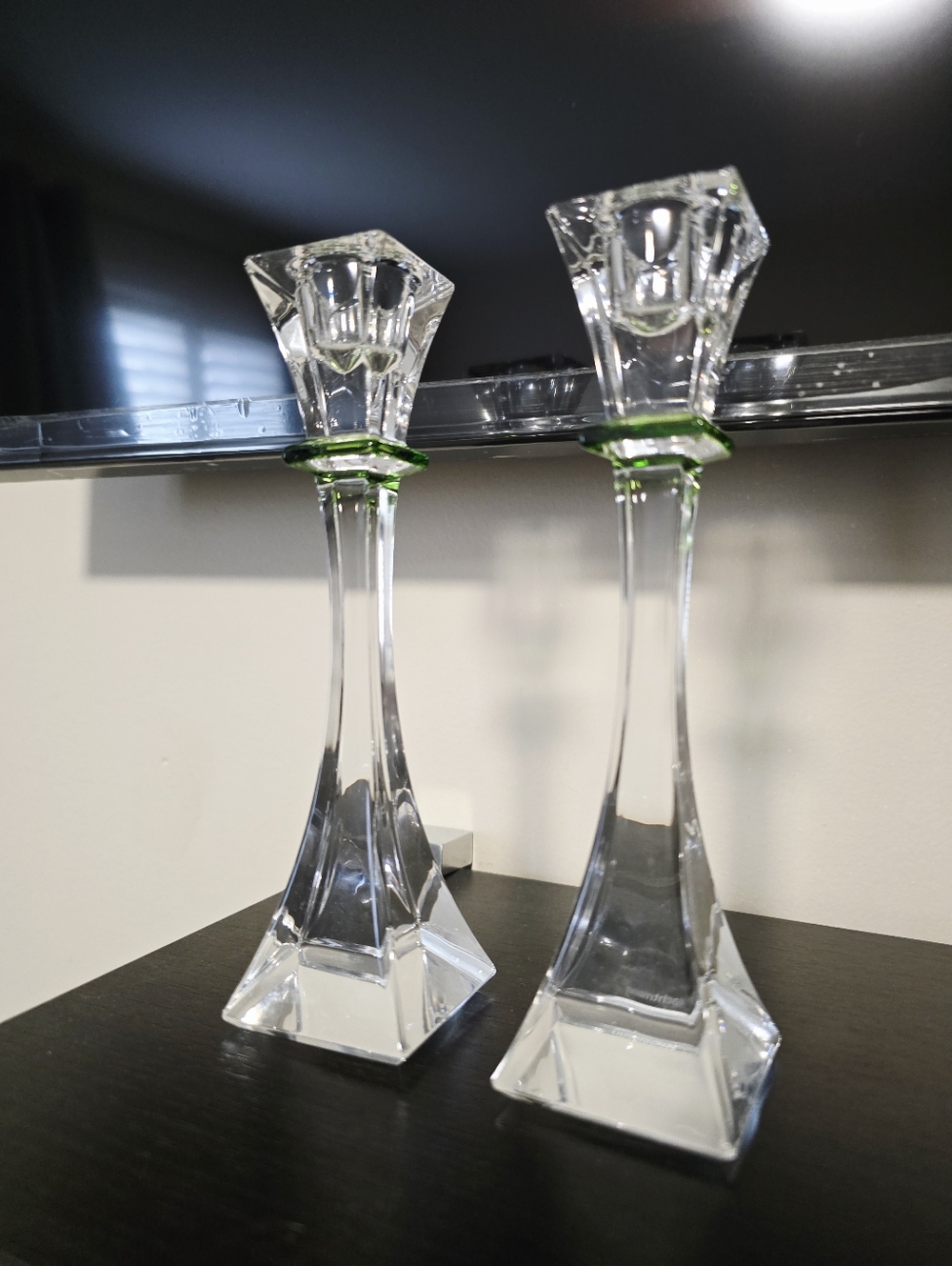 Nachtmann Tall 8" Crystal Glass Candlestick Pair with Subtle Green Accent New